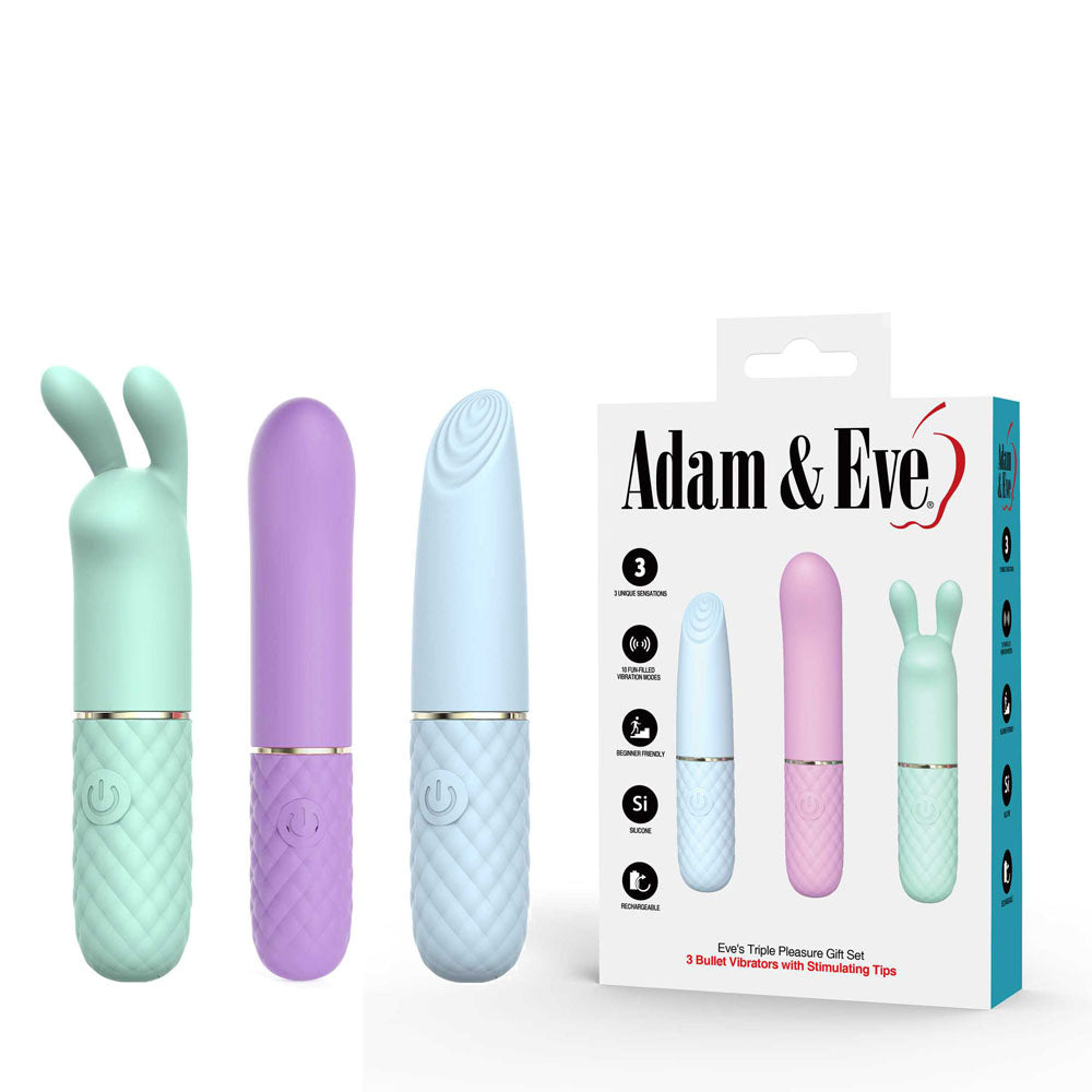 Explore Adam & Eve TRIPLE PLEASURES: a set of three USB rechargeable vibrators in mint green, lavender, and light blue. Enjoy unique sensations with a dual-eared design for precision, a smooth bullet for glide, and a ridged clitoral stimulator for ultimate satisfaction.