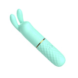 The Adam & Eve TRIPLE PLEASURES includes a mint green silicone vibrator with a rabbit design, clitoral stimulator, dual ears, quilted grip, and a gold band. A power button symbol enhances the handle functionality for this USB rechargeable delight within the set of three.