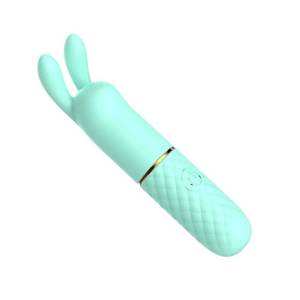 The Adam & Eve TRIPLE PLEASURES set includes a mint green vibe featuring a quilted handle, smooth rounded shaft, two rabbit ear-like extensions on top, and a gold ring accenting the middle with an embossed power button on the handle. USB rechargeable for convenience.