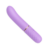 A purple vibrator with a smooth, elongated shape features a quilted grip texture and gold band, plus an embossed power button on the sleek handle for enhanced pleasure, like those in the Adam & Eve TRIPLE PLEASURES USB Rechargeable Vibrator Set of 3.