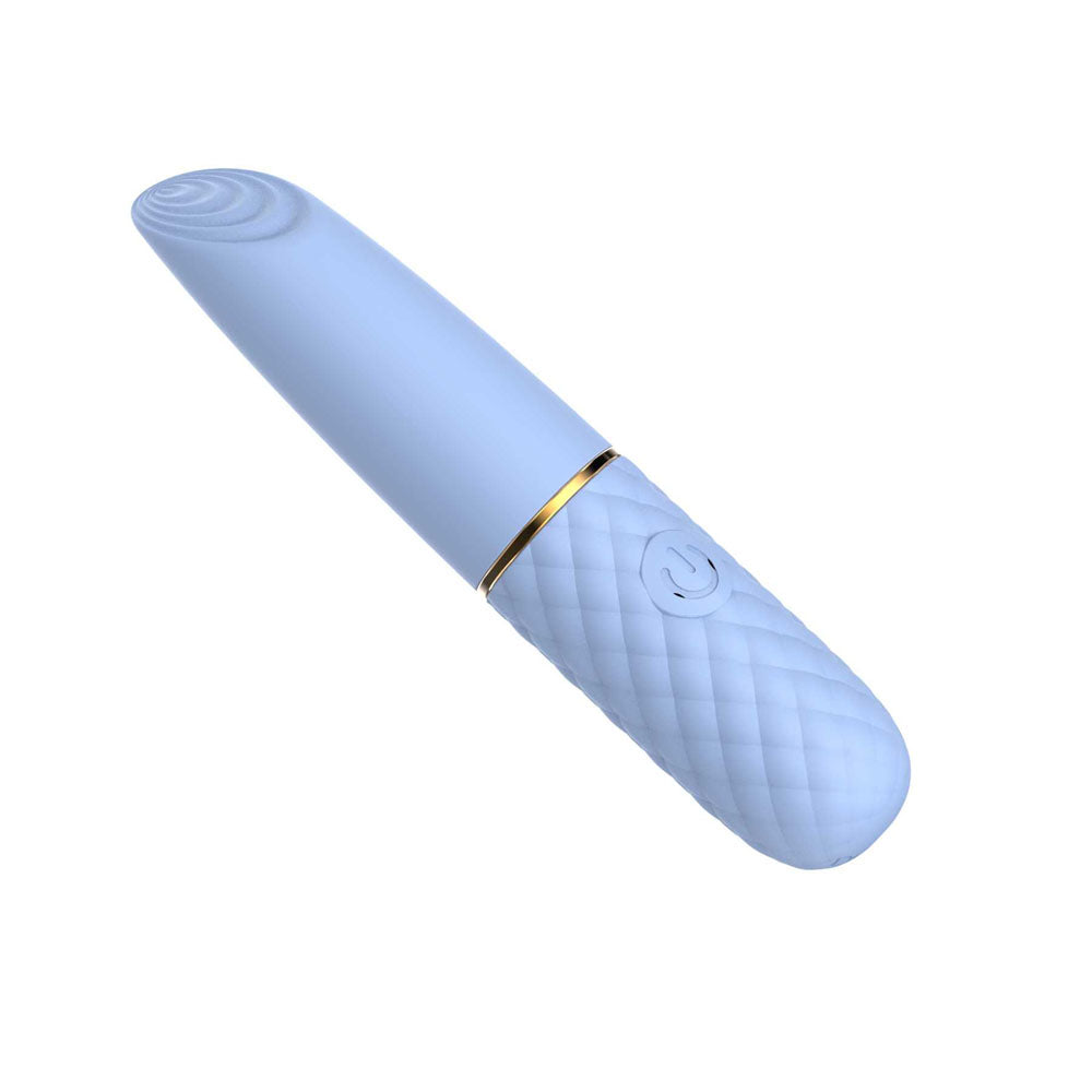 Part of the Adam & Eve TRIPLE PLEASURES set, this light blue USB rechargeable vibrator is a sleek cylindrical massager with a quilted texture, smooth taper, and gold band. Its ideal for personal use with an embossed power symbol on the handle for easy control.