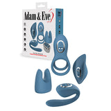 The Adam & Eve FOUR-PLAY Vibrator Set is shown in front of its box, highlighting the blue USB rechargeable couples play kit with attachments and a remote control for multiple stimulation options.