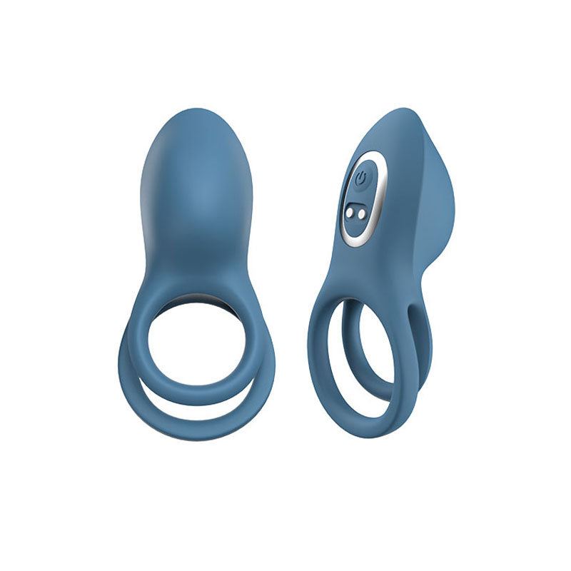 The Adam & Eve FOUR-PLAY Vibrator Set is a blue silicone dual-ring couples vibrator featuring a bulbous top and a control panel with a power button plus two smaller buttons. It has two circular loops and a raised section for ergonomic handling or added functionality.