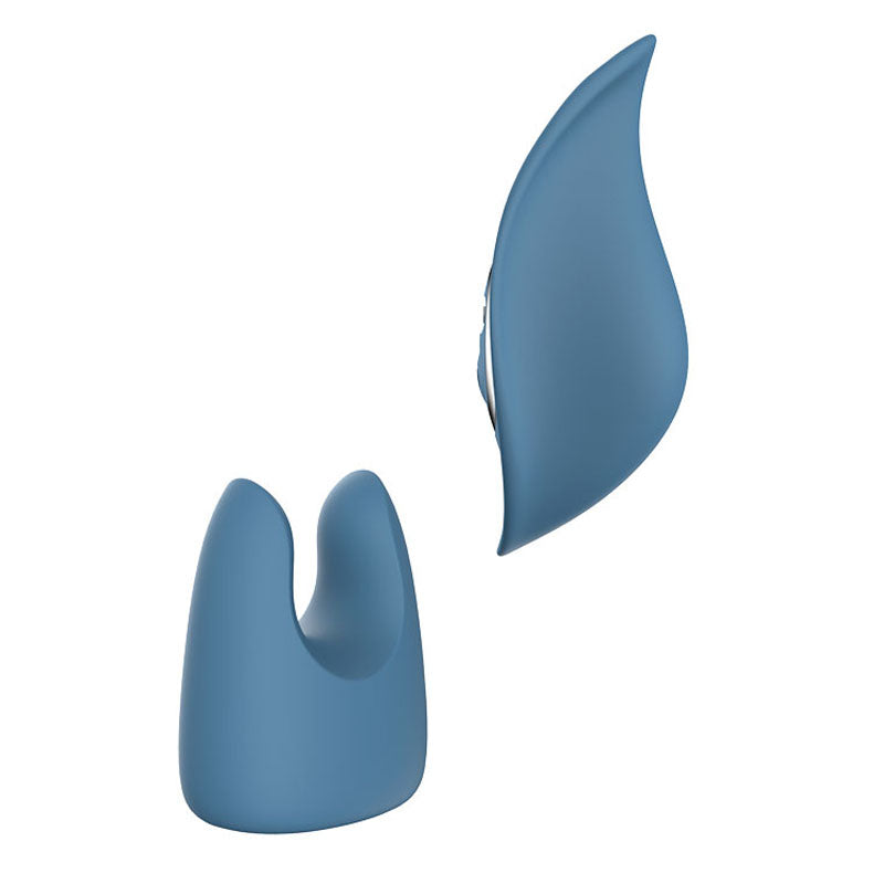 A sleek, modern blue sculpture with smooth curves features two parts: a stable base with a split top, and an irregular shaped piece that hovers beside it. Its form subtly resembles the Adam & Eve FOUR-PLAY Vibrator Set, echoing its elegant design with a gentle, matte finish.