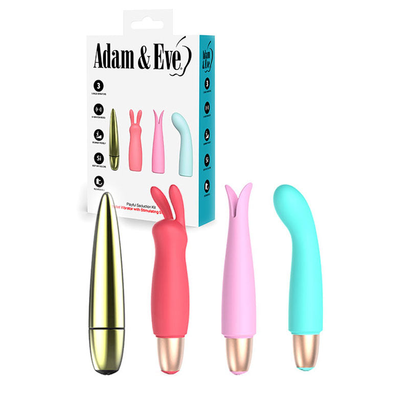 The Adam & Eve PLAYFUL SEDUCTION KIT, featuring USB rechargeable vibrators with three interchangeable sleeves (gold bullet, red bunny-ear, pink open-tip), is displayed on a white background. Packaging highlights its waterproof feature and speed settings alongside a blue G-Spot curved-tip vibrator.