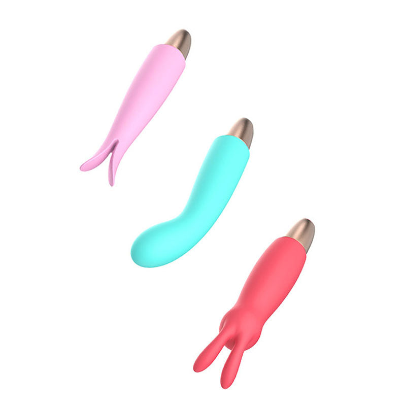 The Adam & Eve PLAYFUL SEDUCTION KIT includes a pink G-Spot vibrator with a petal-like split tip, a turquoise curved vibrator, and a coral red bullet vibrator with rabbit ear-like tips. Each features a metallic gold-tone base on a white background.