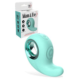 The teal Adam & Eve Curvy Cutie Pleasure Combo is a sleek silicone adult toy with a circular metallic opening and top power button. Featuring a Curvy Vibe slogan, it offers various thumping settings, 2-hour playtime, and speeds in its rechargeable tapping stimulator design.