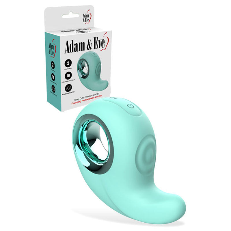 The Adam & Eve CURVY CUTIE PLEASURE COMBO is a teal USB rechargeable device with silver accents, a circular cutout, multiple control buttons, dual stimulating vibrator capabilities, two speeds, and ten vibration functions. The box features its image.