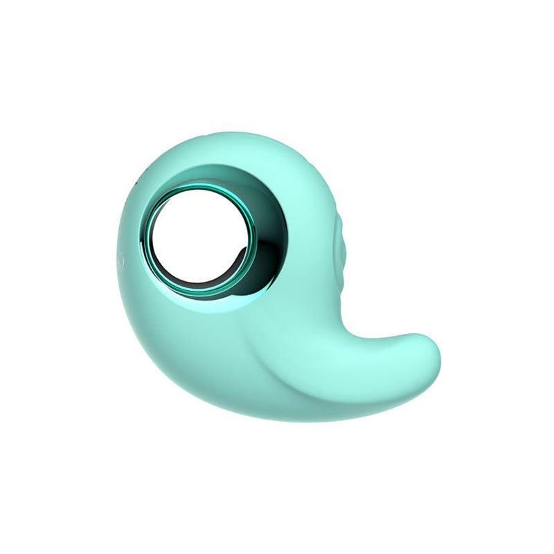 The Adam & Eve CURVY CUTIE PLEASURE COMBO is a teal clitoral vibrator with an egg shape, featuring a shiny hollow circular opening and a short curved extension. Its modern design blends matte finish with dynamic tapping settings.