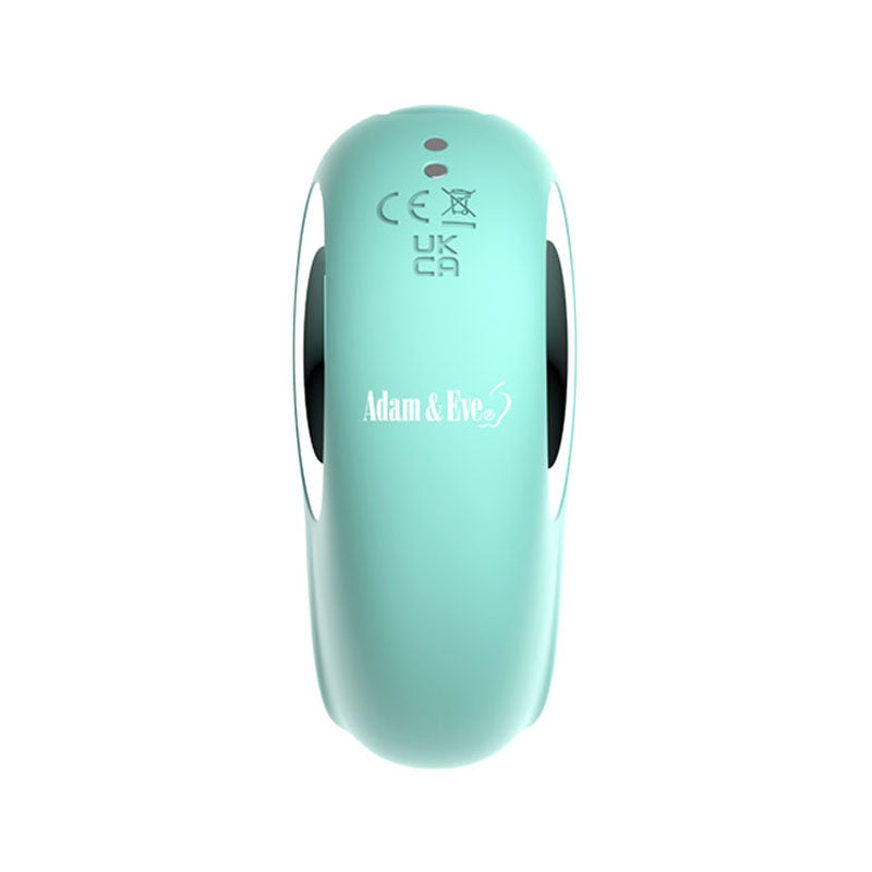 The Adam & Eve Curvy Cutie Pleasure Combo is a sleek, oval-shaped teal clitoral vibrator with Adam & Eve text. It features CE and UKCA symbols, a small black button, and offers smooth operation with thumping settings for enhanced pleasure.