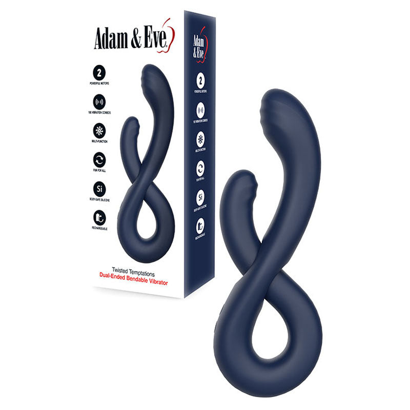 Image of the Adam & Eve TWISTED TEMPTATIONS Bendable Vibe - Navy, a flexible silicone dual-ended vibrator shaped like an infinity symbol. It stands by its packaging featuring the brand and highlighting two powerful motors for unisex pleasure.