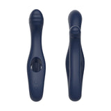 The Adam & Eve TWISTED TEMPTATIONS Navy Blue Vibe, 22.4 cm, is shown from two angles. Made of smooth silicone, it has a cylindrical body with a circular opening near one end and two buttons below. One angle shows its side profile; the other reveals the textured tip on the front. USB rechargeable and bendable.