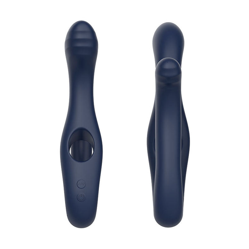 The Adam & Eve TWISTED TEMPTATIONS Bendable Vibe in Navy Blue is a 22.4 cm, USB-rechargeable dual vibrator with a smooth curve and textured tip, featuring a circular opening on one side of the handle and two control buttons for sleek, ergonomic handling perfect for shared unisex pleasure.