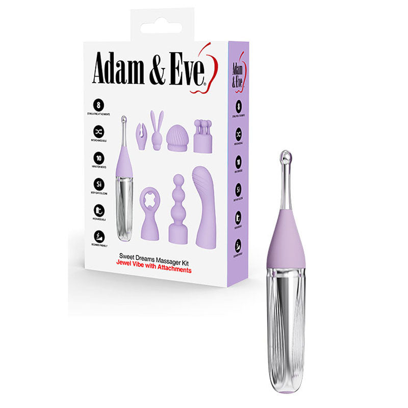 The Adam & Eve SWEET DREAMS MASSAGER KIT features a lavender design with eight interchangeable attachments, including a Clitoral Stimulator. The packaging highlights its versatility and USB rechargeability, with key features and the brand logo prominently displayed.