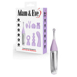 The Adam & Eve SWEET DREAMS MASSAGER KIT features a lavender design with eight interchangeable attachments, including a Clitoral Stimulator. The packaging highlights its versatility and USB rechargeability, with key features and the brand logo prominently displayed.