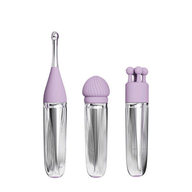 Explore our Adam & Eve SWEET DREAMS MASSAGER KIT in lavender, featuring three tools with clear textured bases and pastel purple tops: a slim wand with a bulbous tip, a vibrating round ridged brush head, and a trio of rounded nodules. Enjoy versatile relaxation with this USB rechargeable set.