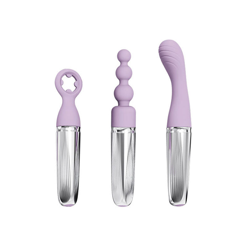 Discover the Adam & Eve SWEET DREAMS MASSAGER KIT, featuring three interchangeable vibrating massagers with clear ribbed handles and soothing lavender silicone tips. Enjoy a loop design, graduated beads, and a curved, textured clitoral stimulator. USB rechargeable for convenience.