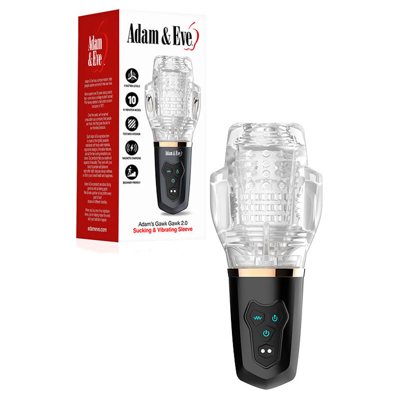 The Adam & Eve Adams Gawk Gawk 2.0 is a clear USB rechargeable rotating and vibrating male masturbator, featuring a transparent sleeve, sleek black control base, suction and vibration modes with multiple buttons and lights for an enhanced experience. The packaging highlights these features with bullet points and safety icons.