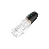 The Adam & Eve Adams Gawk Gawk 2.0 is a transparent cylindrical gadget with intricate textures, attached to a black control handle featuring several buttons and a metallic ring. The green buttons control its functions, and the background is plain white.