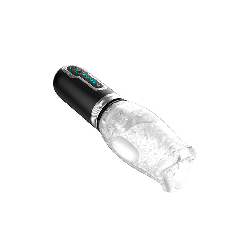 A transparent, textured tube like the Adam & Eve Adams Gawk Gawk 3.0 features a black base with controls and a display. Its sleek design with small bumps houses the power source for vibrating bullets.