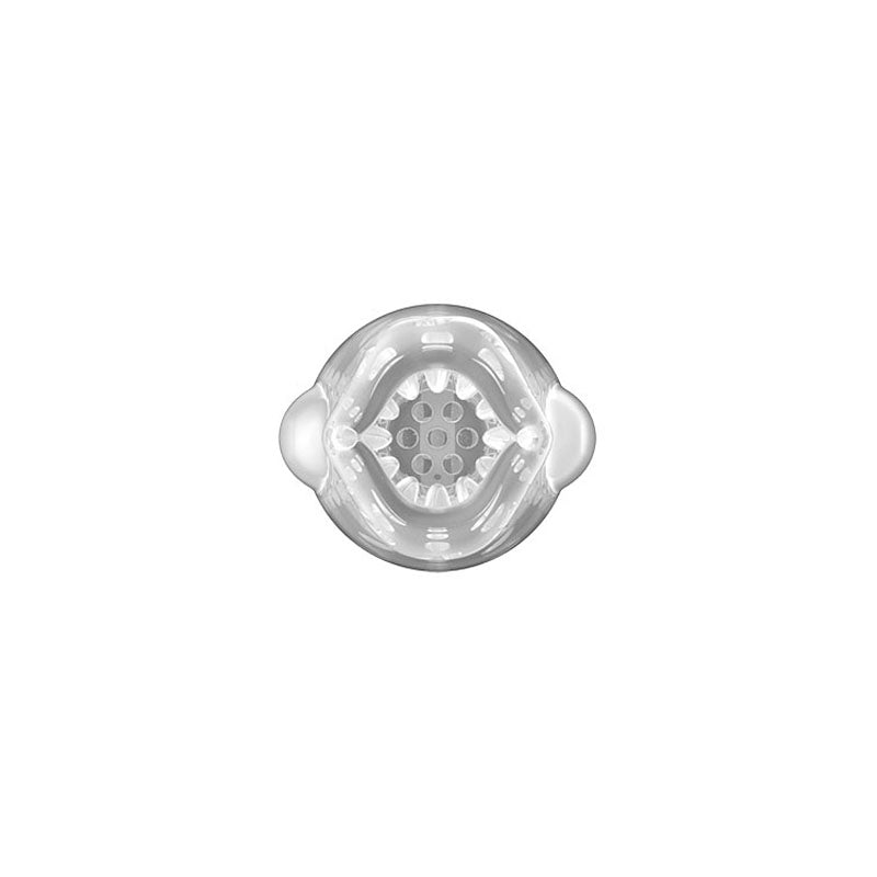 The Adam & Eve Adams Gawk Gawk 3.0 is a clear, USB-rechargeable masturbator featuring a transparent, spherical design with a star-like geometric pattern inside and two rounded protrusions. Its glossy exterior and complex radial symmetry make it innovative like vibrating bullets.