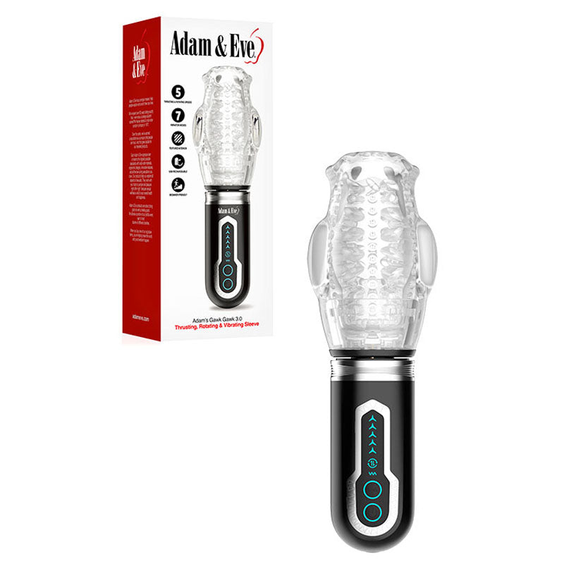 Adam & Eve Adams Gawk Gawk 3.0 - Clear USB Rechargeable Thrusting, Rotating & Vibrating Masturbator features a textured clear sleeve over a black base with buttons and packaging displaying product details, branding, and icons for multiple functions.