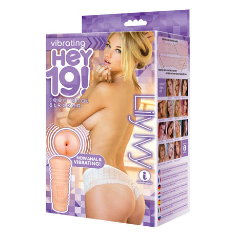 The Hey 19! Lilly Ivy box features a model in white lingerie, emphasizing its vibrating teen anal stroker for exciting play. With purple accents and TPR material icons, it promises a premium experience reminiscent of Lily Ivys allure.