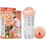 The image showcases the Hey 19! Heather Starlet - Flesh/Clear Teen Vagina Stroker, an ultra-soft, ribbed adult toy with a realistic vaginal opening. The packaging, featuring a woman in white and orange attire alongside the text Hey 19! Heather Starlet, is also displayed. A close-up highlights the toys detailed opening.