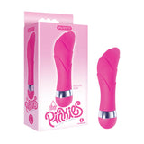 The image features The 9s Pinkies Buddy, a pink, curved mini-vibe made from body-safe silicone, with a silver base and petal patterns. Beside it is its box displaying matching imagery and Pinkies Buddy branding in cursive pink font.