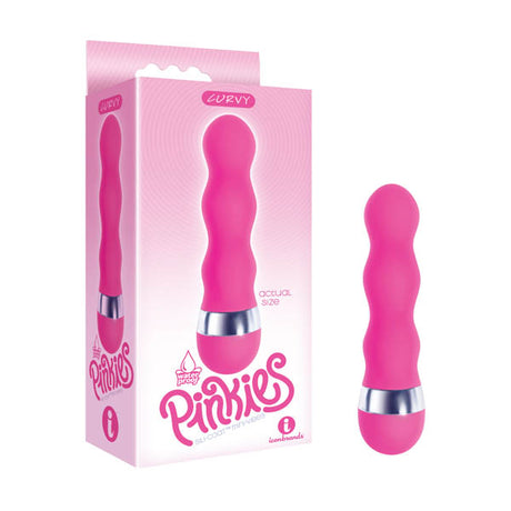 The 9s Pinkies, Curvy - Pink 11.4 cm vibrator features a pink body crafted from body-safe silicone with a silver band near the base. It boasts bulbous curves and variable speeds for customized pleasure, and comes in sleek Pinkies packaging as part of the mini-vibes range.