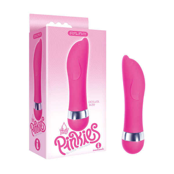 The image showcases The 9s Pinkies, a 11.4 cm pink personal massager by Dolphy with body-safe silicone and a sleek design featuring a silver band near the base and slightly curved tip for comfort. The box prominently displays the brand name and highlights its variable-speed capability.