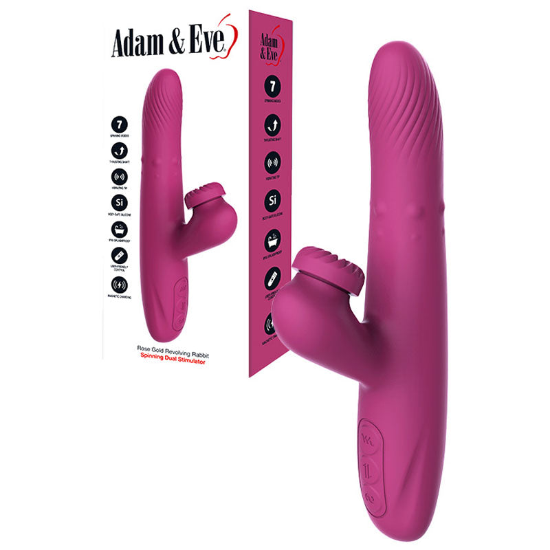 Introducing the Adam & Eve Rose Gold Revolving Rabbit: a purple, dual-attachment massager. Its textured main shaft and curved extension target the G-spot with multiple vibration modes. This USB rechargeable liquid silicone vibrator is presented in stylish Adam & Eve packaging.