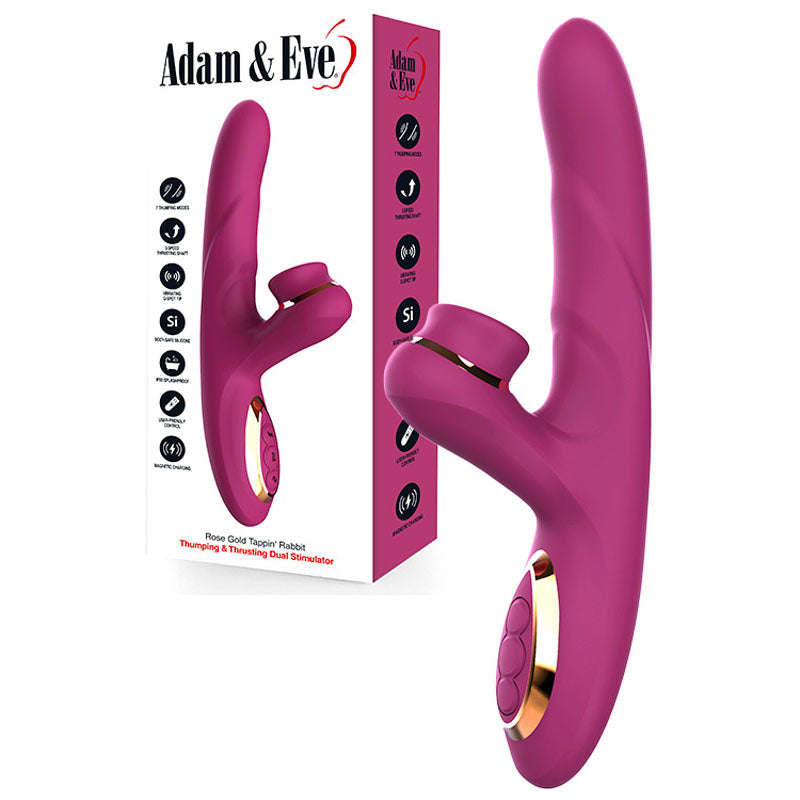 The Adam & Eve ROSE GOLD TAPPIN RABBIT in purple, measuring 22.5 cm and USB rechargeable, features a curved shaft with gold accents, textured handle, clitoral stimulator, and three control buttons for dual stimulation. Comes with a matching Adam & Eve box.