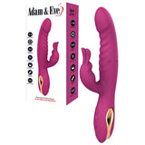 The Adam & Eve ROSE GOLD G-SPOT RABBIT is a 22.5 cm USB rechargeable purple vibrator, featuring a curved shaft and flicking tip clitoral stimulator. It is shown alongside its box decorated with icons indicating waterproof and rechargeable features, brand name, and a product image.