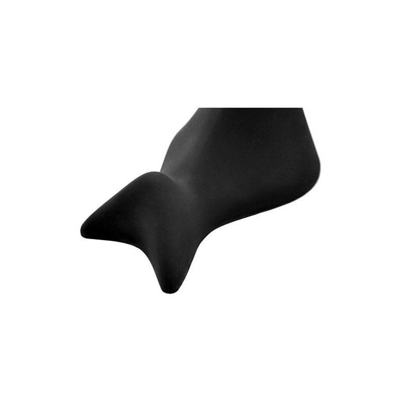 The Adam & Eve THE RUMBLING RIDER - Black Rechargeable Vibrating Grinder Pad features a sleek black design, reminiscent of a whale tails graceful curve, against a white backdrop. Its elegant contours and smooth finish cast a subtle shadow beneath.