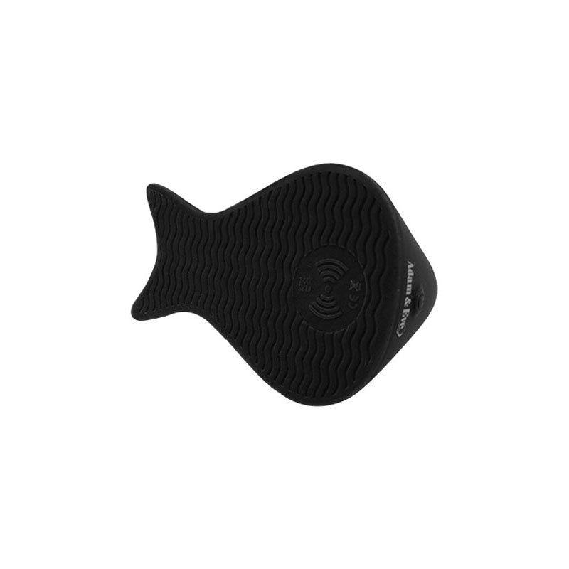 Introducing the Adam & Eve Rumbling Rider, a black, fish-shaped phone holder with waterproof features and textured wavy lines. Adam & Rita adorns one fin in elegance. This accessory seamlessly blends functionality with an aquatic-inspired playful design.