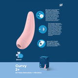 A pink Satisfyer Curvy 2+ USB-rechargeable clitoral stimulator in pink silicone is shown, featuring sleek design, innovative Air Pulse tech, Bluetooth, and Satisfyer Connect App compatibility. Icons for stimulation and vibration are set against a blue background with product details and packaging.