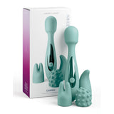 The JimmyJane Canna massage wand in light teal is shown with its packaging, featuring the brand and massager illustrations. It includes three interchangeable heads—smooth, ridged, and soft spiked—for deep rumbling vibrations.