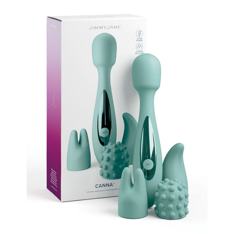 The JimmyJane Canna massage wand in light teal is shown with its packaging, featuring the brand and massager illustrations. It includes three interchangeable heads—smooth, ridged, and soft spiked—for deep rumbling vibrations.