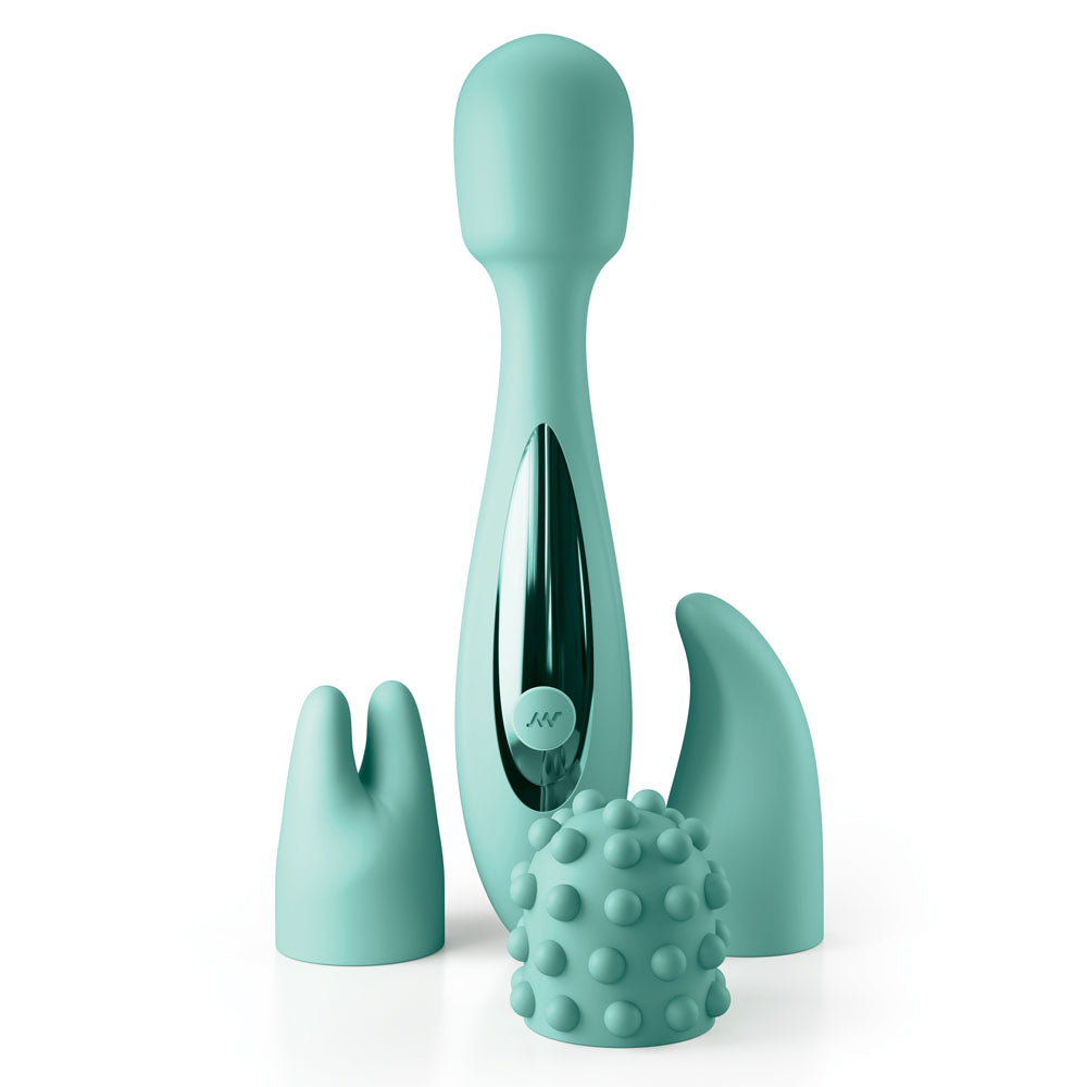 The JimmyJane Canna Teal 21.8 cm Massage Wand features a sleek silver-accented handle and three attachments: bunny ears, a spiky dome, and a curved tip. It offers rumbling vibrations from an ultra-powerful motor with a simple button interface on the silver portion.