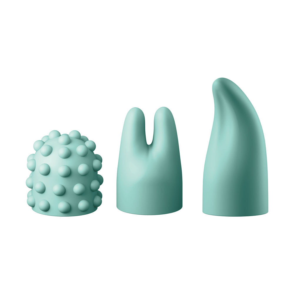 The JimmyJane Canna - Teal 21.8 cm Massage Wand includes three interchangeable silicone heads: the first with round bumps, the second with two smooth prongs like rabbit ears, and the third a wave-like shape with a tapered curved tip. Each offers smooth textures and is powered by an ultra-powerful motor.