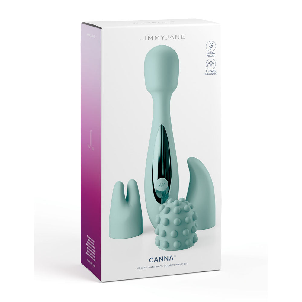 The box for the teal JimmyJane Canna 21.8 cm Massage Wand highlights its silicone, waterproof design with three interchangeable heads: a pointed tip, plush textured cover, and dual-pronged option. Deep rumbling vibrations and an ultra-powerful motor enhance its versatility and function.