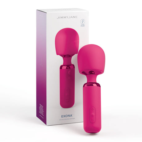 A JimmyJane Exona - Pink 18.3 cm USB Rechargeable Massage Wand with a rounded head and ergonomic handle is in front of its box, which shows the same image and branding. A small control panel on the handle allows for deep vibrations to enhance comfort.