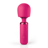 The JimmyJane Exona - Pink 18.3 cm USB Rechargeable Massage Wand is a sleek, elegant ergonomic wand with a smooth, rounded head and cylindrical handle. It features a glossy metallic accent and control panel including plus and minus buttons for adjusting deep vibrations.