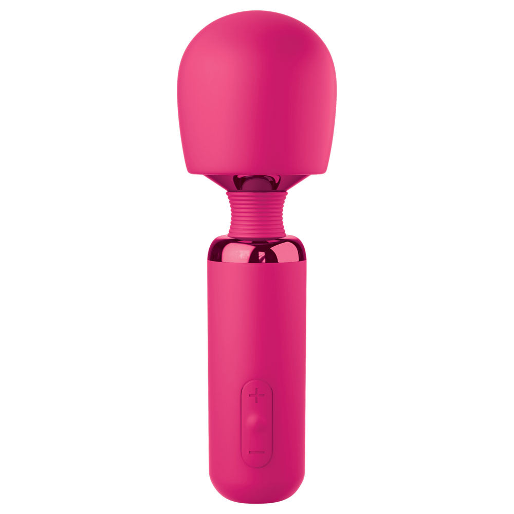 The JimmyJane Exona - Pink 18.3 cm USB Rechargeable Massage Wand is a vibrant ergonomic device with a smooth rounded head, cylindrical handle, and visible control panel for settings adjustment. It delivers deep rumbly vibrations and features a sleek design with a flexible ribbed neck.