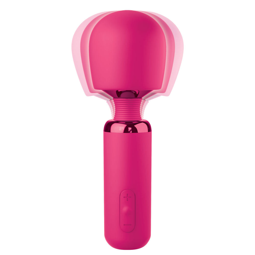 The JimmyJane Exona - Pink 18.3 cm USB Rechargeable Massage Wand features an ergonomic design with a rounded head and flexible neck. Its handle has two buttons for vibration control, blending matte and glossy textures for stylish, functional clitoral stimulation.