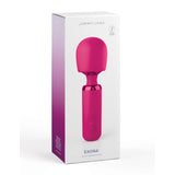 The image displays a predominantly white box with pink gradients featuring the JimmyJane Exona - Pink 18.3 cm USB Rechargeable Massage Wand, elegantly printed with the brand and product names, designed for ergonomic clitoral stimulation.