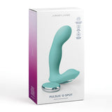 The packaging features the JimmyJane Pulsus G-Spot Vibrator in teal, showcasing its clitoris stimulation, wireless remote control, five modes, and USB recharging. The design transitions from white to purple on one side.