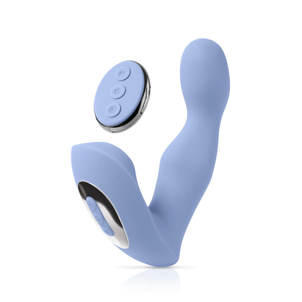 The JimmyJane Pulsus P-Spot in blue is a USB rechargeable prostate massager designed ergonomically for optimal perineum stimulation. It features a dual-end, curved design with control buttons and a matching wireless remote offering three intuitive vibration operations.