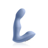 The JimmyJane Pulsus P-Spot is a blue silicone vibrator with a curved design, smooth bulbous tip for precise stimulation, and an ergonomic handle. Its wider base ensures safety, and reflective accents add allure against the white background.